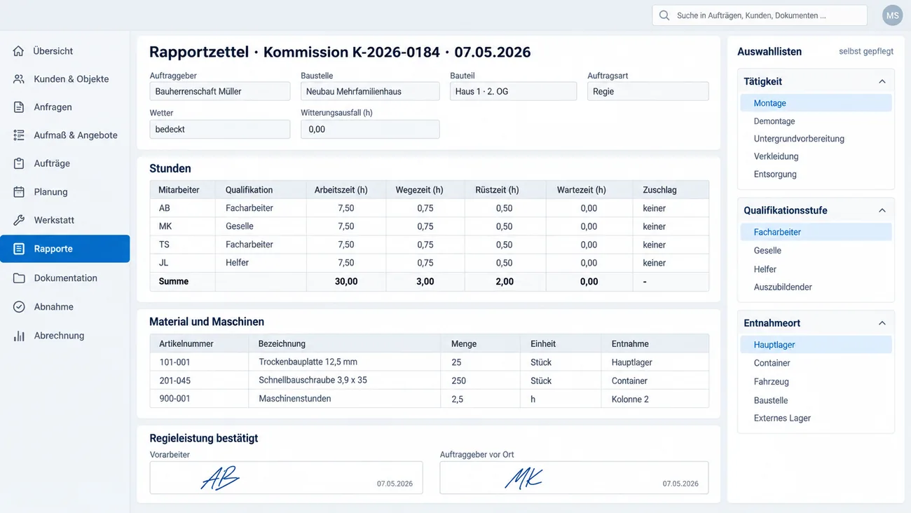 Maske: Rapportzettel der Baustelle mit Stunden je Mitarbeiter und Qualifikation, getrennter Wege-, Rüst- und Wartezeit, Material und Maschinen und den Unterschriften von Vorarbeiter und Auftraggeber