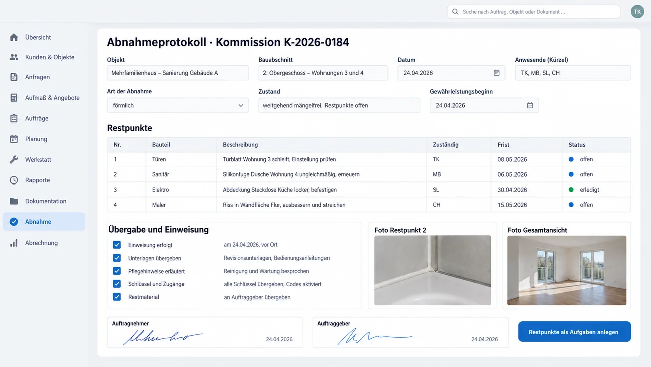 Maske: Abnahmeprotokoll mit Art der Abnahme und Gewährleistungsbeginn, der Restpunkteliste mit Zuständigem und Frist, dem Block Übergabe und Einweisung und zwei Unterschriften
