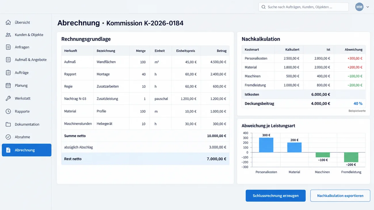 Maske: Abrechnung mit der Rechnungsgrundlage aus Aufmaß, Rapport, Regie, Nachtrag, Material und Maschinenstunden und der Nachkalkulation mit Soll, Ist und Abweichung je Leistungsart
