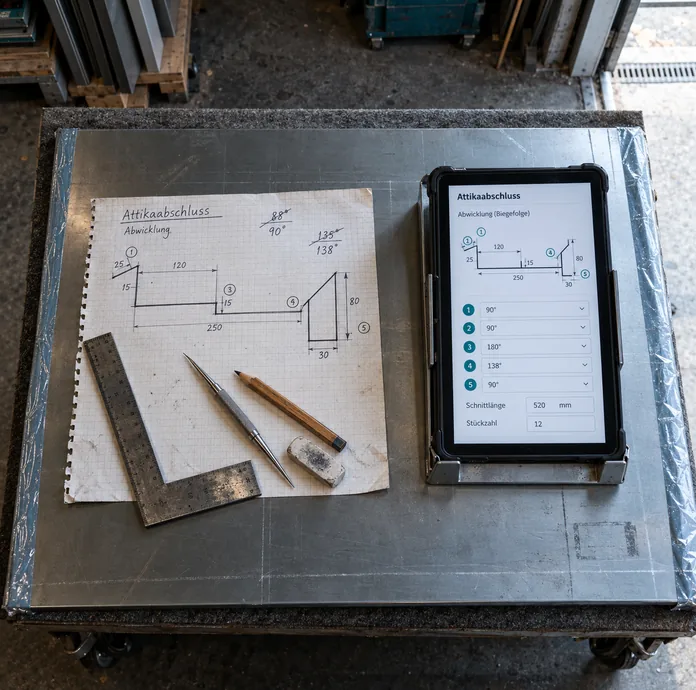 Titanzinktafel auf einem Rollwagen in der Werkstatt: links die handgezeichnete Abwicklung eines Attikaabschlusses mit nummerierter Biegefolge, Stahlwinkel und Reißnadel, rechts ein Tablet mit derselben Biegefolge, Schnittlänge und Stückzahl