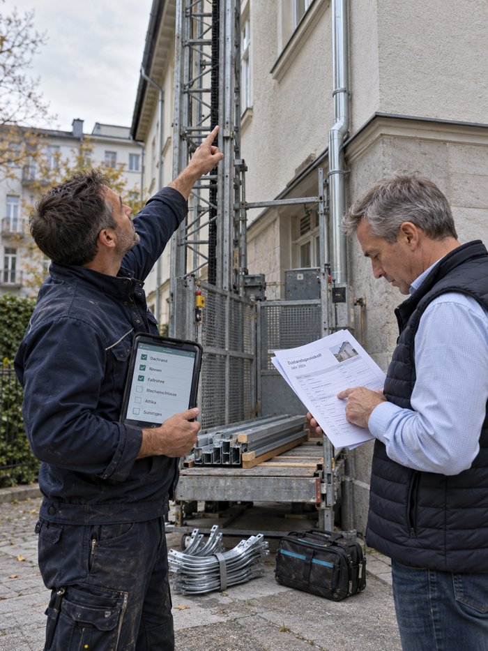 Spenglermeister mit Tablet zeigt am Fuß des Bauaufzugs zum Dachrand hinauf, neben ihm liest der Objektbetreuer der Hausverwaltung im ausgedruckten Zustandsprotokoll des Vorjahres, am Boden Rinnenhalter und eine Werkzeugtasche