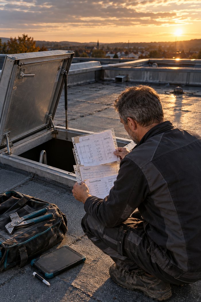 Spenglermeister hockt nach dem Kontrollgang auf einem Flachdach neben der offenen Ausstiegsklappe und schiebt Aufmaßblatt, Rapport und Zuschnittliste in eine Klarsichthülle, neben ihm Werkzeugtasche, Handfalzer und Tablet im Abendlicht