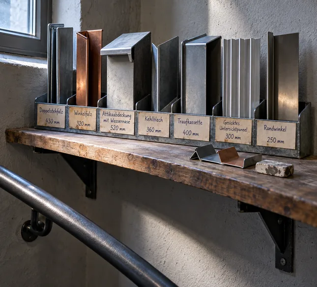 Wandbrett im Treppenhaus einer Spenglerei mit einem selbst gekanteten Ständer für sieben verschiedene Profilabschnitte von Doppelstehfalz bis Randwinkel, vor jedem ein Schild mit Profilname und Abwicklungsmaß