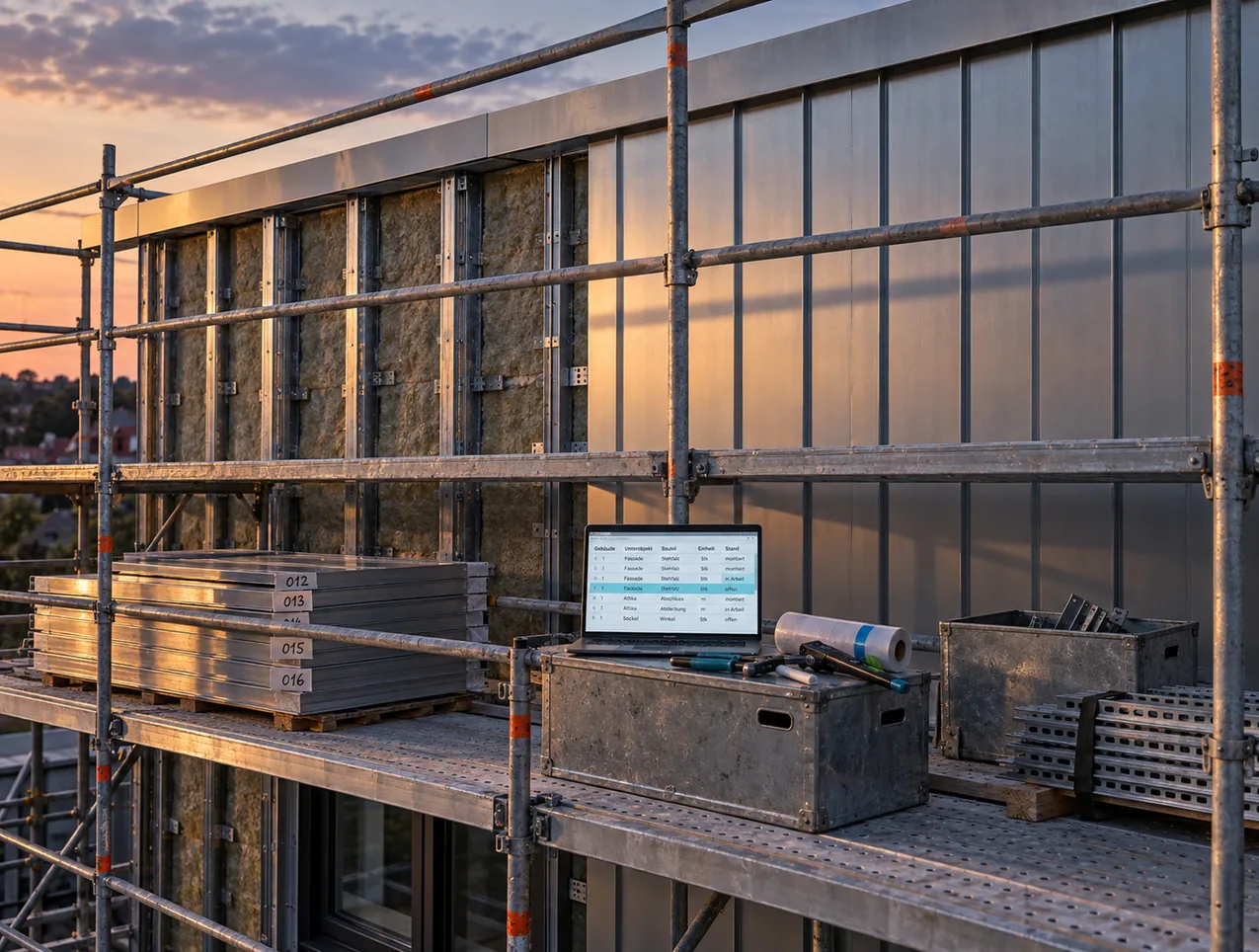 Gerüst vor einer halb fertigen Metallfassade am Abend: links offene Unterkonstruktion mit Dämmung, rechts fertige Stehfalzbekleidung, auf dem Belag nummerierte Fassadenkassetten und auf einer Blechkiste ein Notebook mit der Positionsliste