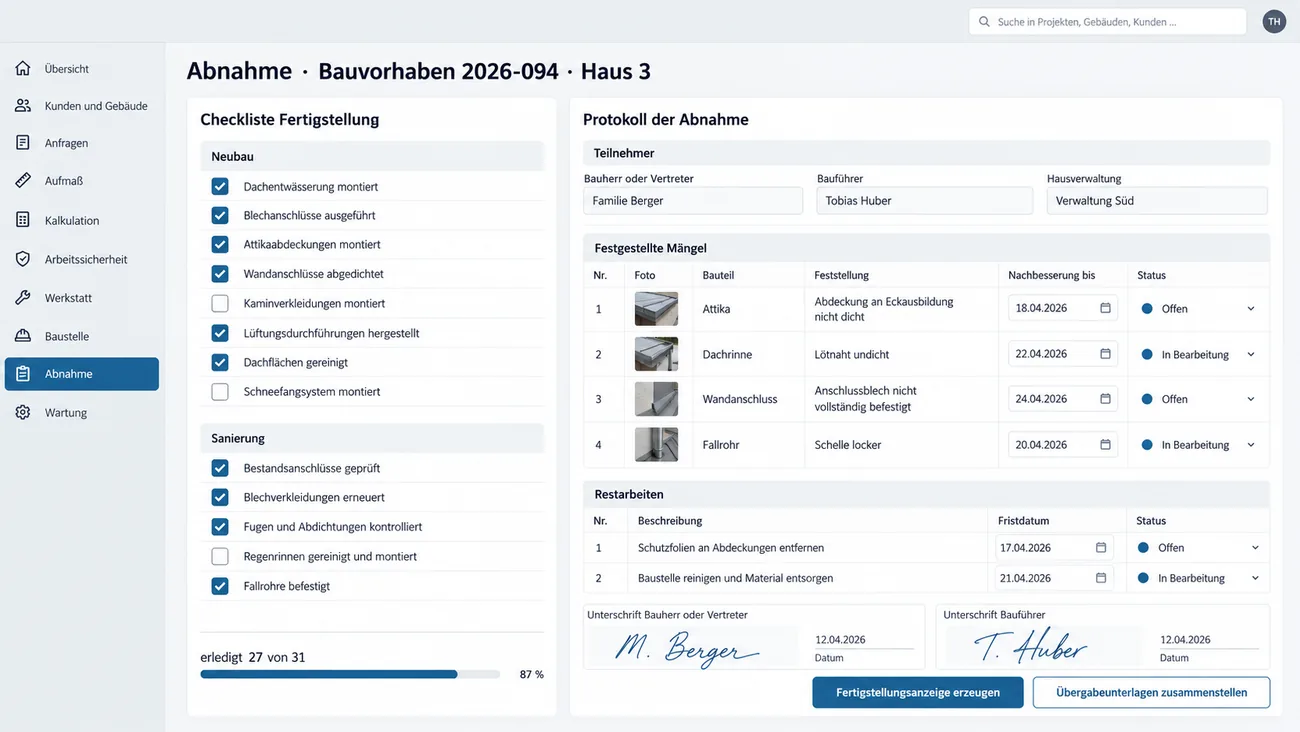 Maske: Abnahme mit der Checkliste zur Fertigstellung, getrennt nach Neubau und Sanierung, dem Protokoll mit Teilnehmern, festgestellten Mängeln samt Foto und Frist, den Restarbeiten, zwei Unterschriften und dem Schritt zur Fertigstellungsanzeige