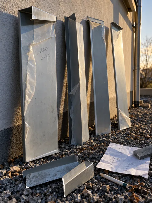 Vier gekantete Titanzinkprofile lehnen an einer Hauswand über dem Kiesstreifen, auf der Folie des vordersten ist das Maß 250 durchgestrichen und darunter 240 notiert, im Kies Blechreste vom zweiten Zuschnitt
