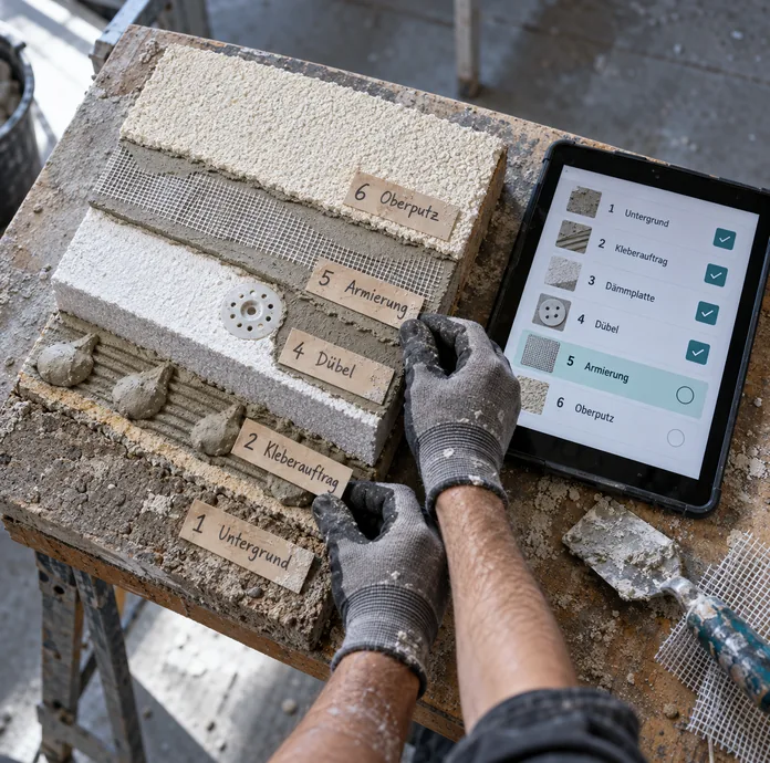 Behandschuhte Hände legen beschriftete Kärtchen an ein stufenförmiges Musterstück eines Dämmaufbaus vom Untergrund bis zum Oberputz, daneben ein Tablet mit denselben sechs Schritten, vier davon abgehakt