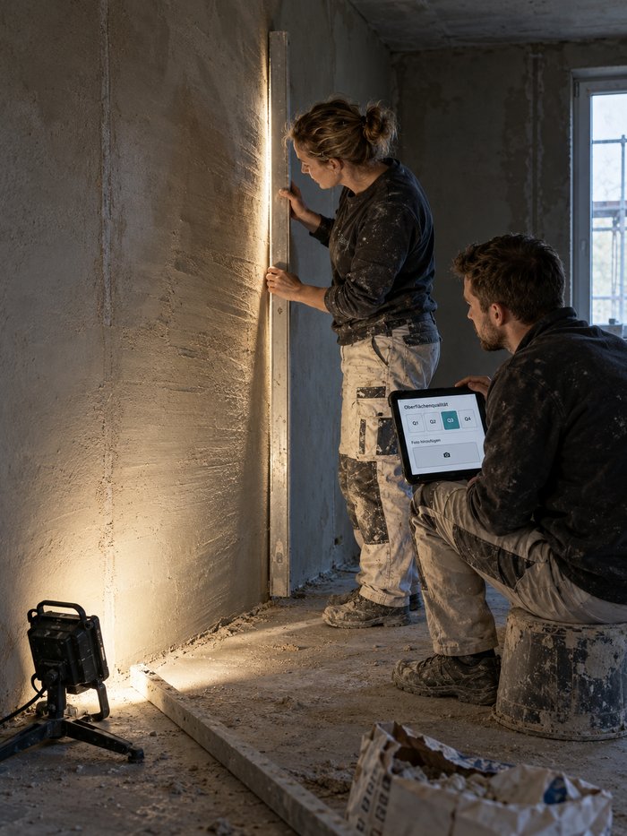Stuckateurin prüft im Rohbauzimmer den frischen Innenputz mit einer Kartätsche im Streiflicht eines Baustrahlers, neben ihr sitzt ein Kolonnenführer auf einem Mörtelkübel mit einem Tablet zur Oberflächenqualität