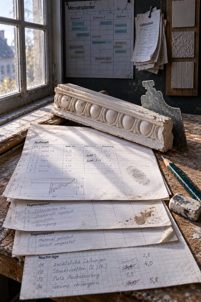 Fensterbank im Büro eines Stuckateurbetriebs mit Aufmaßblatt, zwei Tagesrapporten und einer Nachtragsliste, beschwert von einem Stuckprofil mit Eierstab, dahinter Monatsplaner der Kolonnen, Lieferscheine und Putzmuster
