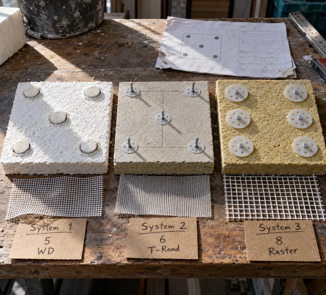 Drei Dämmplattenstücke mit unterschiedlichem Dübelbild auf einer Werkbank, davor je ein anderes Armierungsgewebe und ein Kärtchen System 1 bis 3, dahinter ein Standardformular mit nur einem vorgedruckten Dübelbild