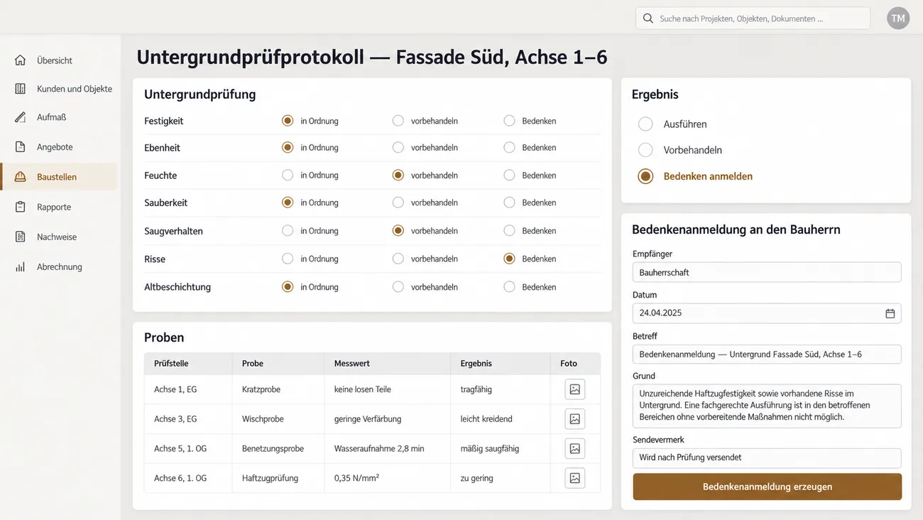 Maske: Untergrundprüfprotokoll mit Festigkeit, Ebenheit, Feuchte und weiteren Prüfpunkten, den Proben von der Kratzprobe bis zur Haftzugprüfung und der Entscheidung Bedenken anmelden samt vorbereiteter Bedenkenanmeldung an den Bauherrn