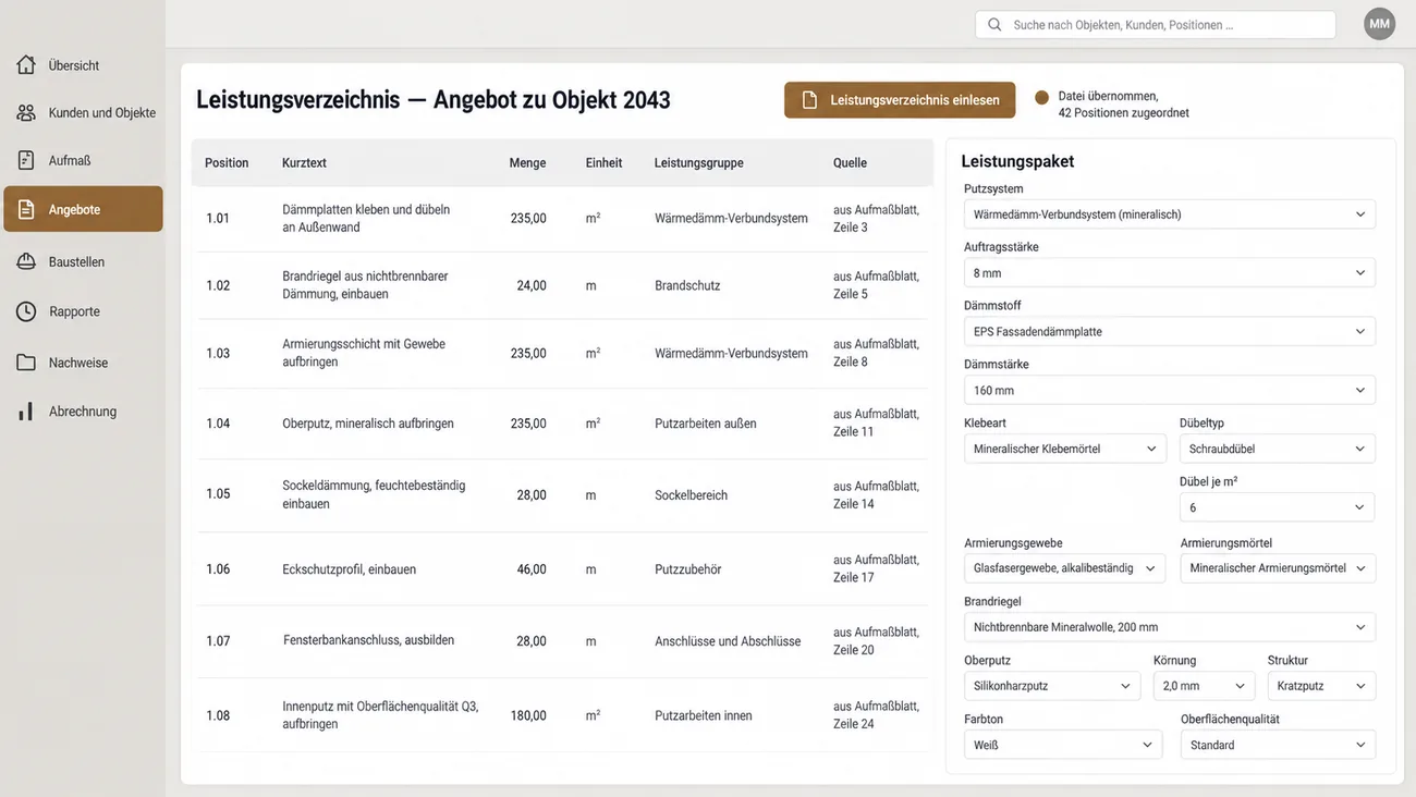 Maske: Leistungsverzeichnis zum Angebot, dessen Positionen je Zeile auf das Aufmaßblatt verweisen, daneben das Leistungspaket mit Putzsystem, Dämmstoff, Dämmstärke, Dübeltyp, Armierung, Oberputz, Körnung, Farbton und Oberflächenqualität