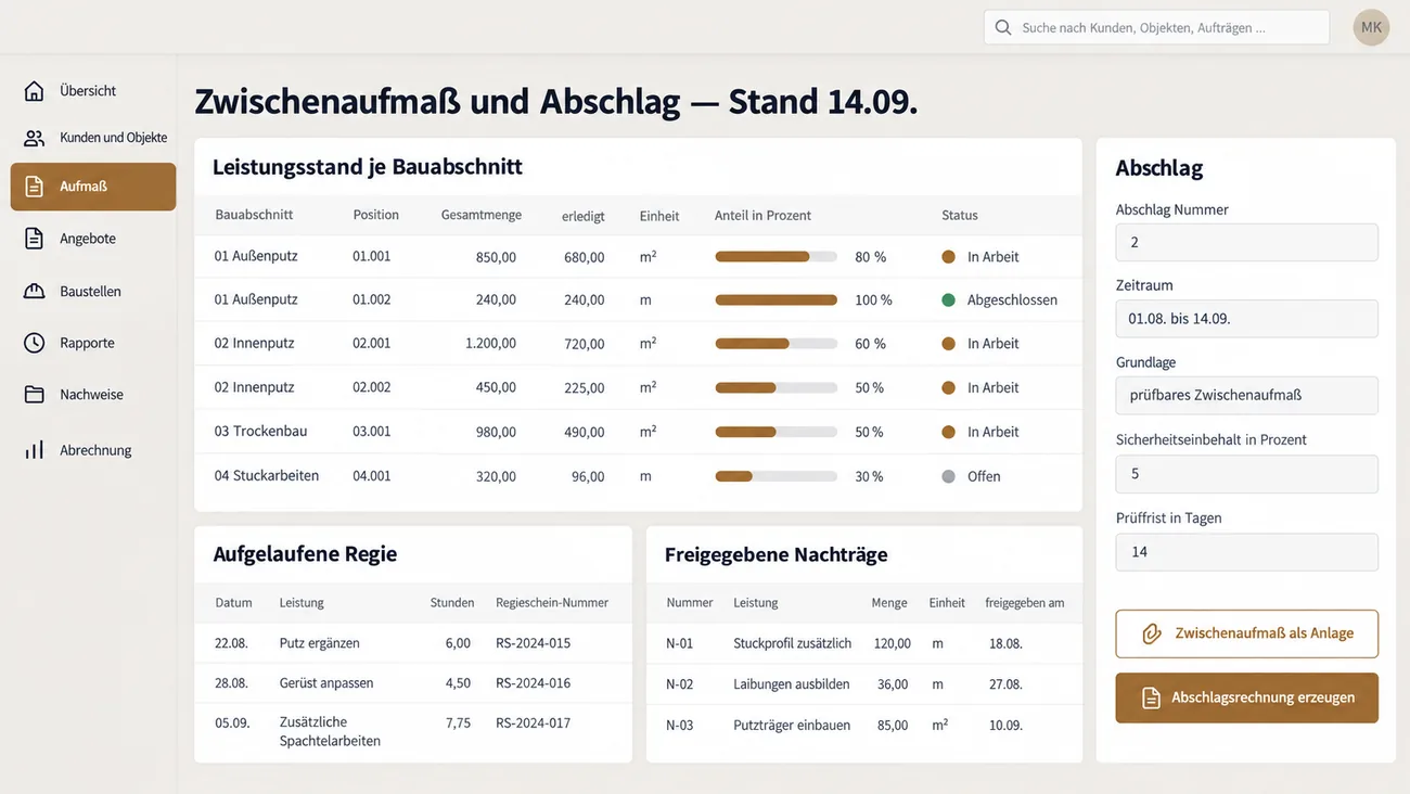 Maske: Zwischenaufmaß mit dem Leistungsstand je Bauabschnitt als Fortschrittsbalken, aufgelaufener Regie, freigegebenen Nachträgen und der Abschlagskarte mit Sicherheitseinbehalt, Prüffrist und dem Schritt zur Abschlagsrechnung