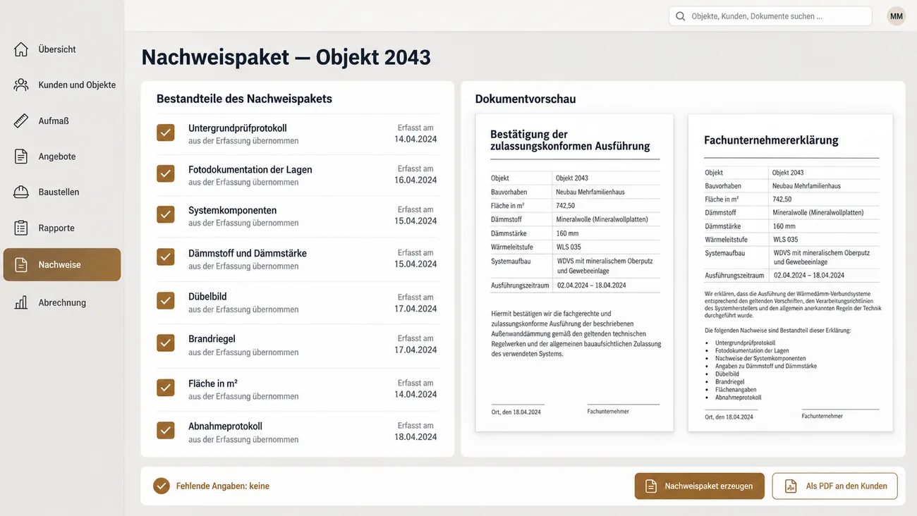 Maske: Nachweispaket mit den abgehakten Bestandteilen aus der Erfassung vom Untergrundprüfprotokoll bis zum Abnahmeprotokoll, daneben die Vorschau der Bestätigung der zulassungskonformen Ausführung und der Fachunternehmererklärung