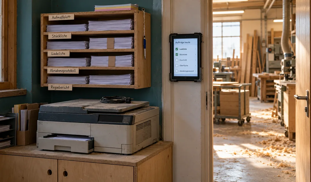 Vordruckecke einer Tischlerei mit vollen Fächern für Aufmaßblatt, Stückliste, Ladeliste, Abnahmeprotokoll und Regiebericht über einem verstaubten Kopierer, daneben an der Tür zur Werkstatt ein Tablet mit den Vorgängen des Tages