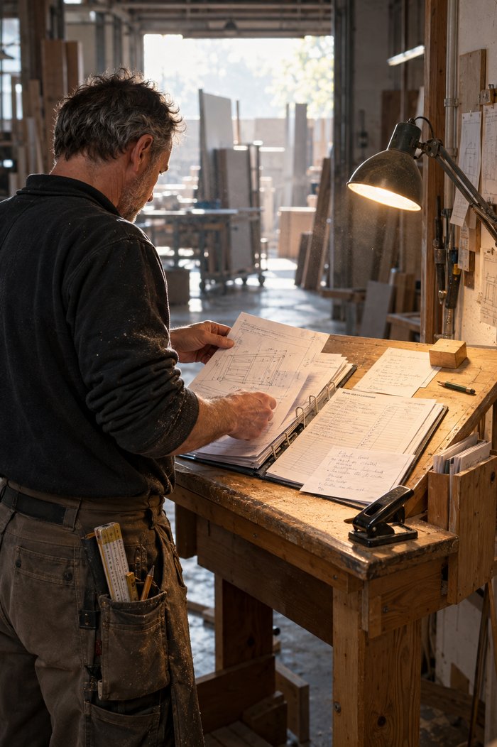Tischlermeister sortiert am selbst gebauten Stehpult Aufmaßblätter, Listen und Notizen in eine Mappe, hinter ihm das offene Hallentor der Werkstatt im Gegenlicht, daneben eine Gelenkleuchte