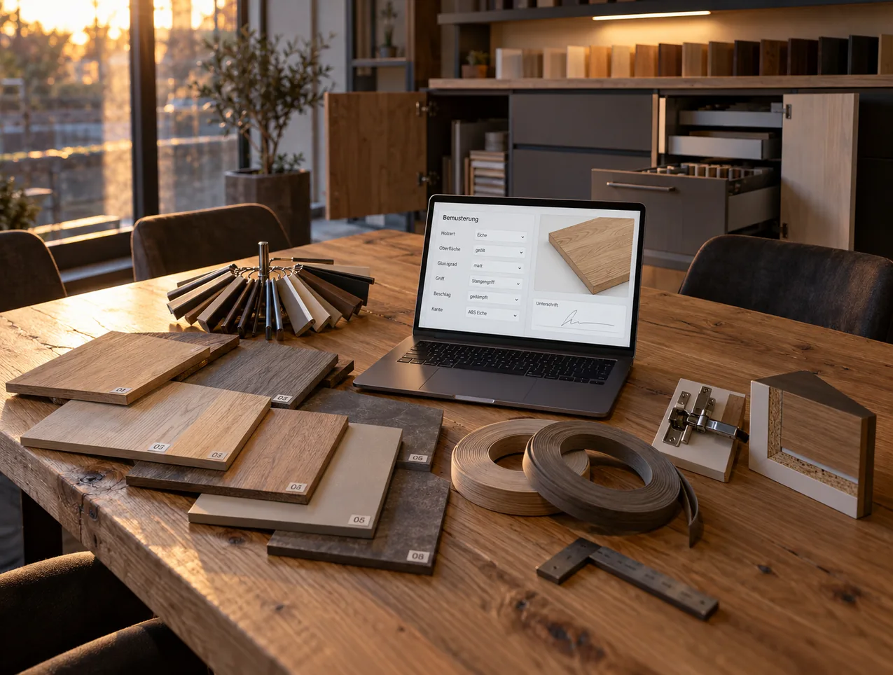 Beratungstisch im Musterraum einer Tischlerei mit nummerierten Musterbrettern, Griffmustern, Kantenbandrollen und einem Beschlagmuster, in der Mitte ein Notebook mit der Bemusterungsmaske samt Musterfoto und Unterschriftfeld
