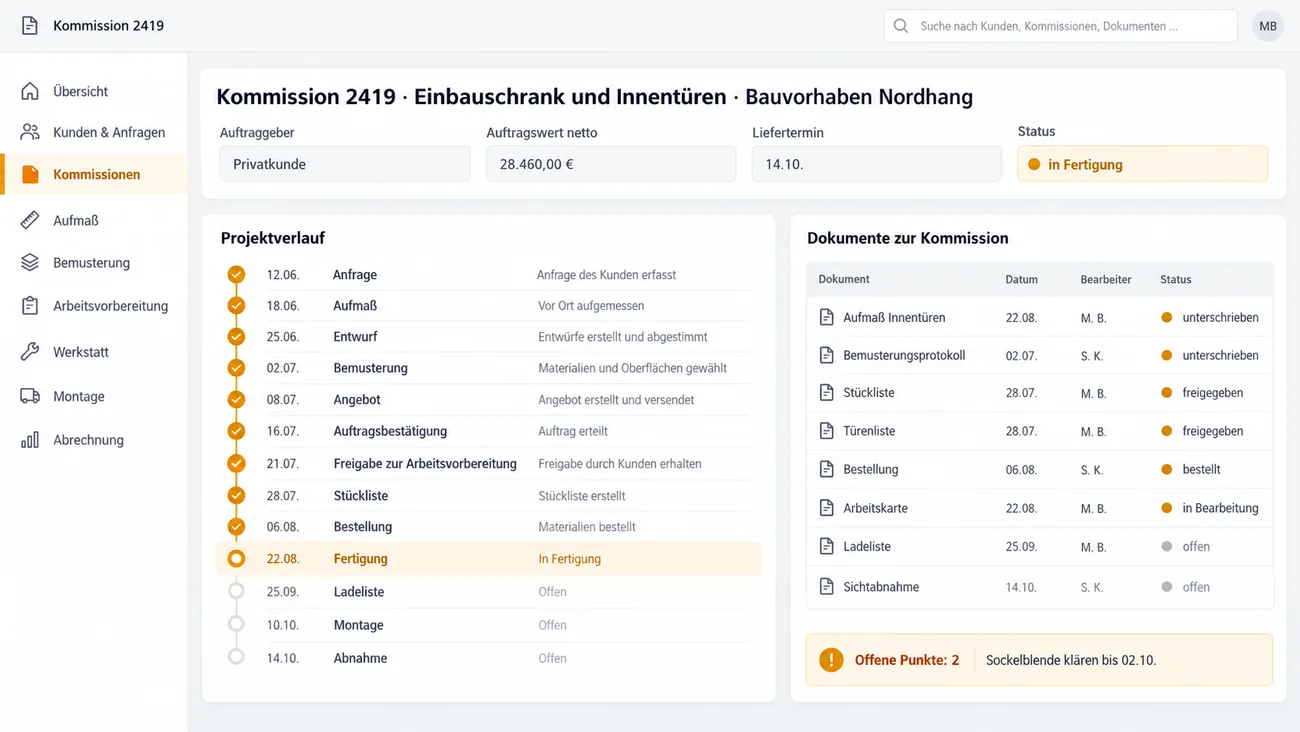 Maske: Kommissionsakte mit Auftraggeber, Liefertermin und Status, dem Projektverlauf von der Anfrage bis zur Abnahme mit der Fertigung als aktiver Station und allen Dokumenten zur Kommission samt Bearbeiter und Status
