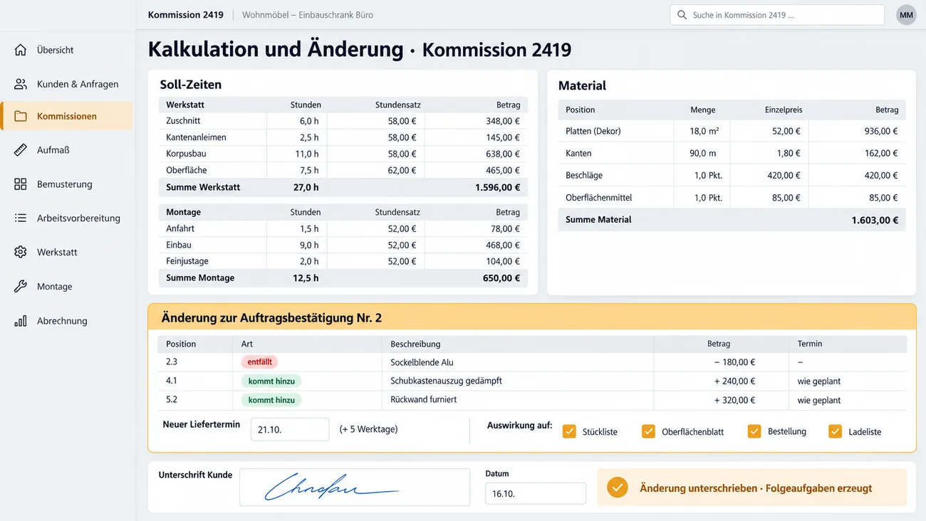 Maske: Kalkulation mit getrennten Soll-Zeiten für Werkstatt und Montage, dem Materialblock und der Änderung zur Auftragsbestätigung mit entfallenden und hinzukommenden Positionen, neuem Liefertermin, betroffenen Papieren und Unterschrift des Kunden
