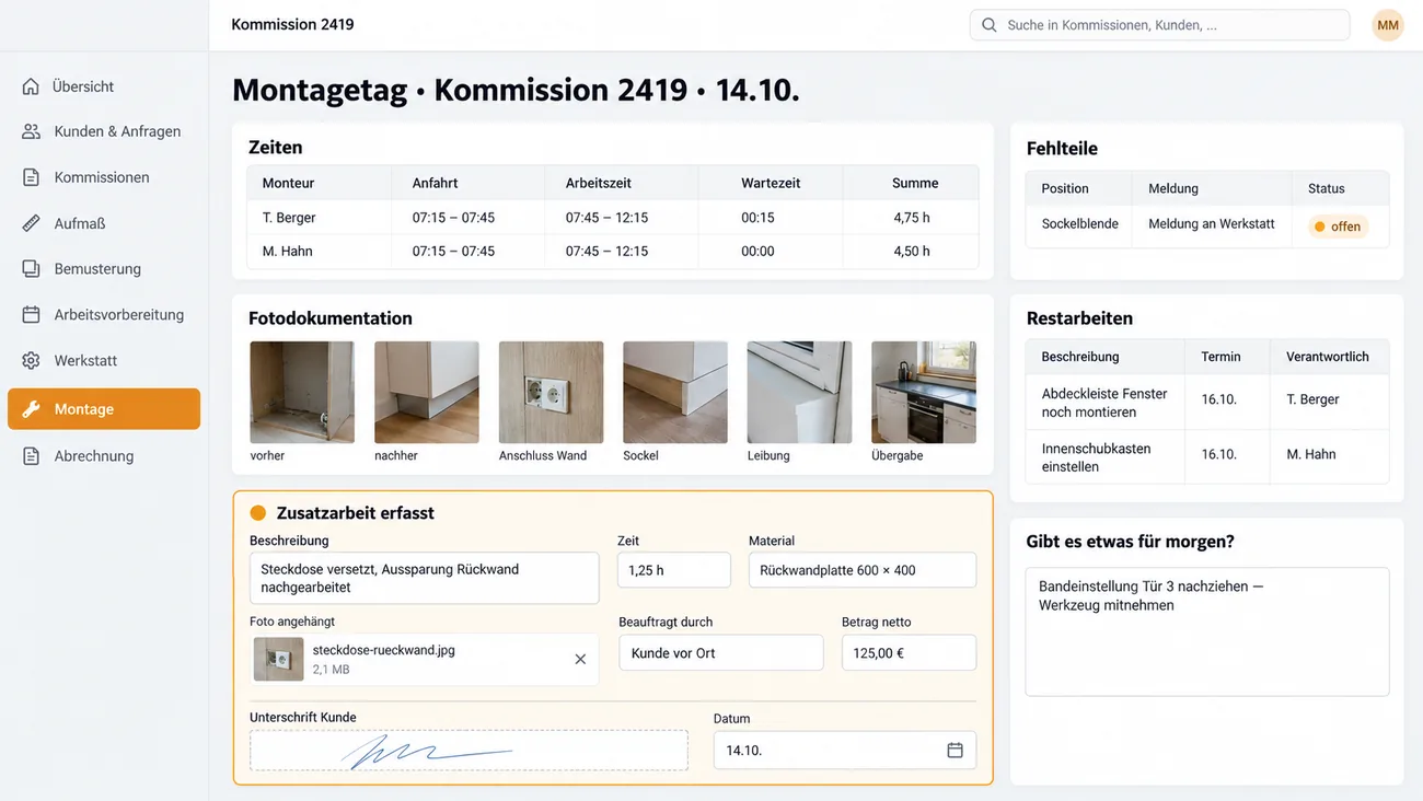 Maske: Montagetag mit Zeiten je Monteur, Fotodokumentation vorher und nachher, der erfassten Zusatzarbeit samt Zeit, Material, Foto und Unterschrift des Kunden sowie Fehlteilen, Restarbeiten und Hinweisen für den nächsten Tag