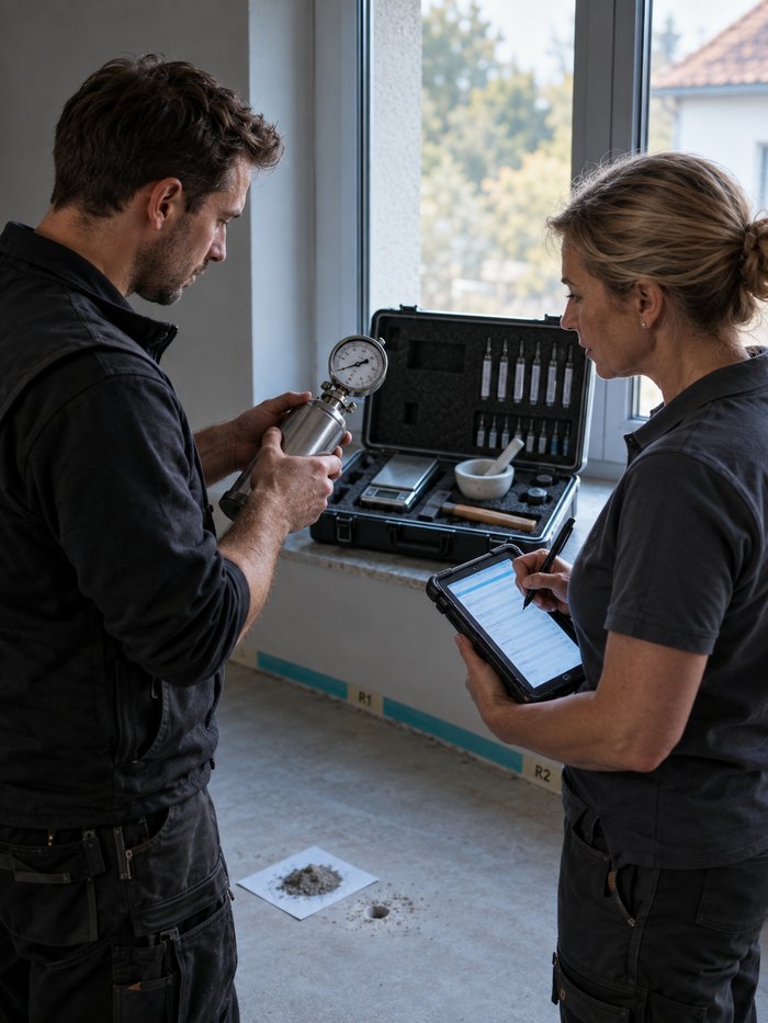 Messtechniker liest an der Fensterbank eines leergeräumten Zimmers das Manometer der CM-Prüfflasche ab, neben ihm eine Kollegin mit Tablet und Stift, dahinter der geöffnete Messkoffer, am Boden Bohrstelle und Materialprobe