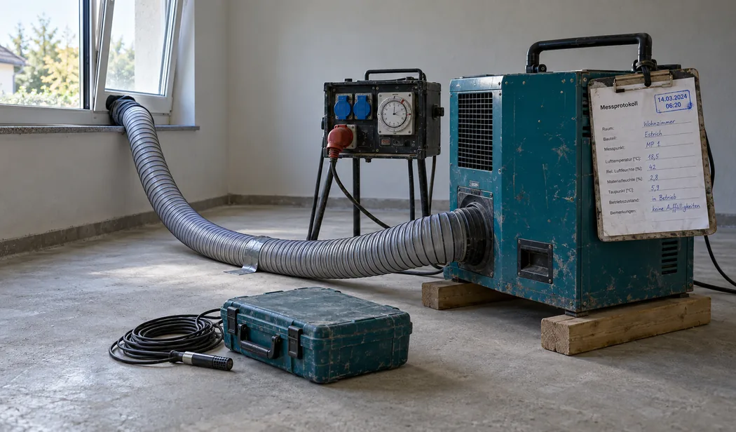 Leergeräumtes, trockenes Zimmer mit einem Adsorptionstrockner auf zwei Kanthölzern, Schlauch zum gekippten Fenster, Stromverteiler mit Zeitschaltuhr und am Gerät ein ausgefülltes Messprotokoll mit Datums- und Uhrzeitstempel, davor ein Gerätekoffer