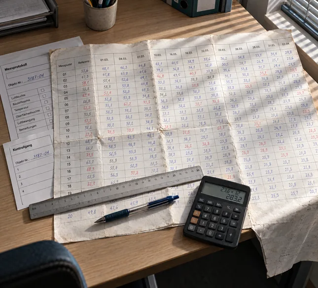 Übergroßer, mehrfach gefalteter Messbogen mit zwanzig Messpunkten und Referenzspalte hängt auf einem Bürotisch über die Kante, darunter zwei anders aufgebaute Vordrucke mit derselben Objektnummer, darauf Lineal und Kugelschreiber, daneben ein Taschenrechner