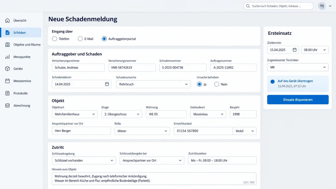 Maske: Annahme einer neuen Schadenmeldung mit Eingangsweg, Versicherungsnehmer und Schadennummer, Objekt mit Etage, Wohnung und Ansprechpartner, Zutrittsregelung mit Schlüsselübergabe und der Karte für den Ersteinsatz