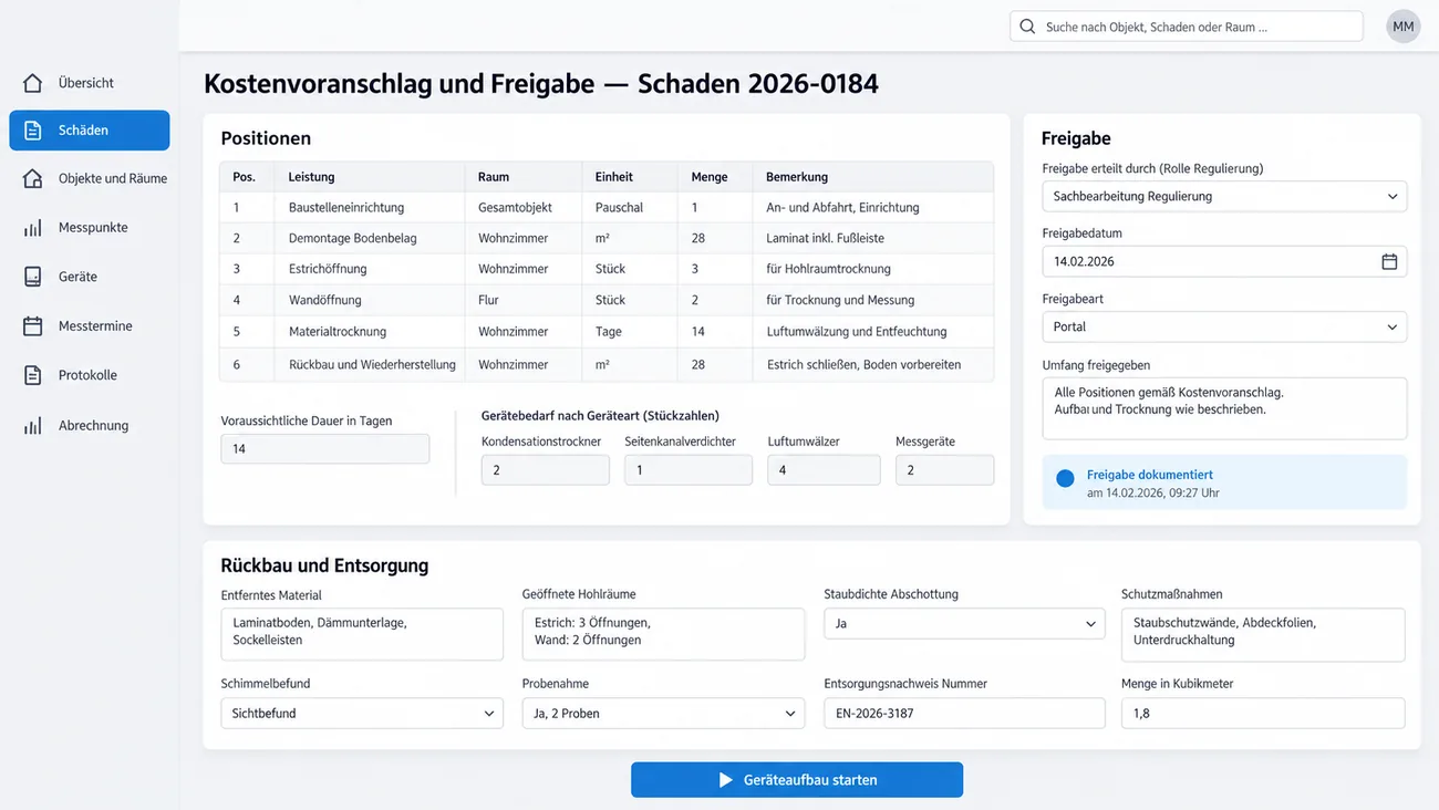 Maske: Kostenvoranschlag mit Positionen, voraussichtlicher Dauer und Gerätebedarf, daneben die dokumentierte Freigabe mit Rolle, Datum und Freigabeart, darunter Rückbau und Entsorgung mit Abschottung, Schimmelbefund und Entsorgungsnachweis
