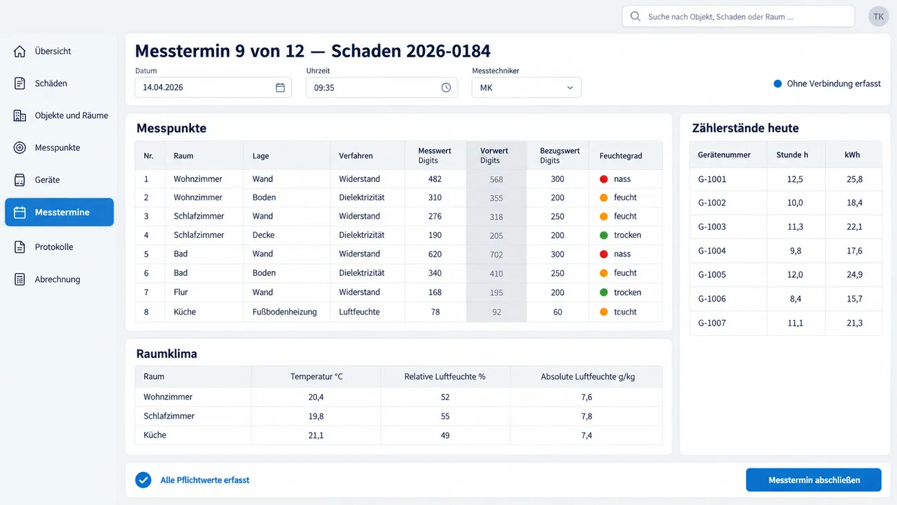 Maske: wiederkehrender Messtermin mit automatisch gesetztem Datum und Kürzel, der Tabelle der Messpunkte mit Messwert, Vorwert und Bezugswert, dem Raumklima je Raum und den Zählerständen des Tages, ohne Verbindung erfasst