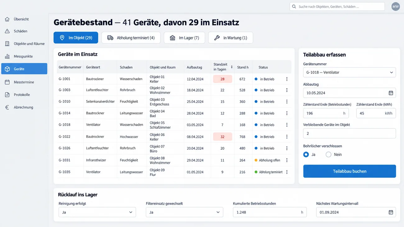 Maske: Gerätebestand mit Filter nach Objekt, Abholung, Lager und Wartung, der Tabelle der Geräte im Einsatz mit hervorgehobenen langen Standzeiten, der Erfassung des Teilabbaus und dem Rücklauf ins Lager
