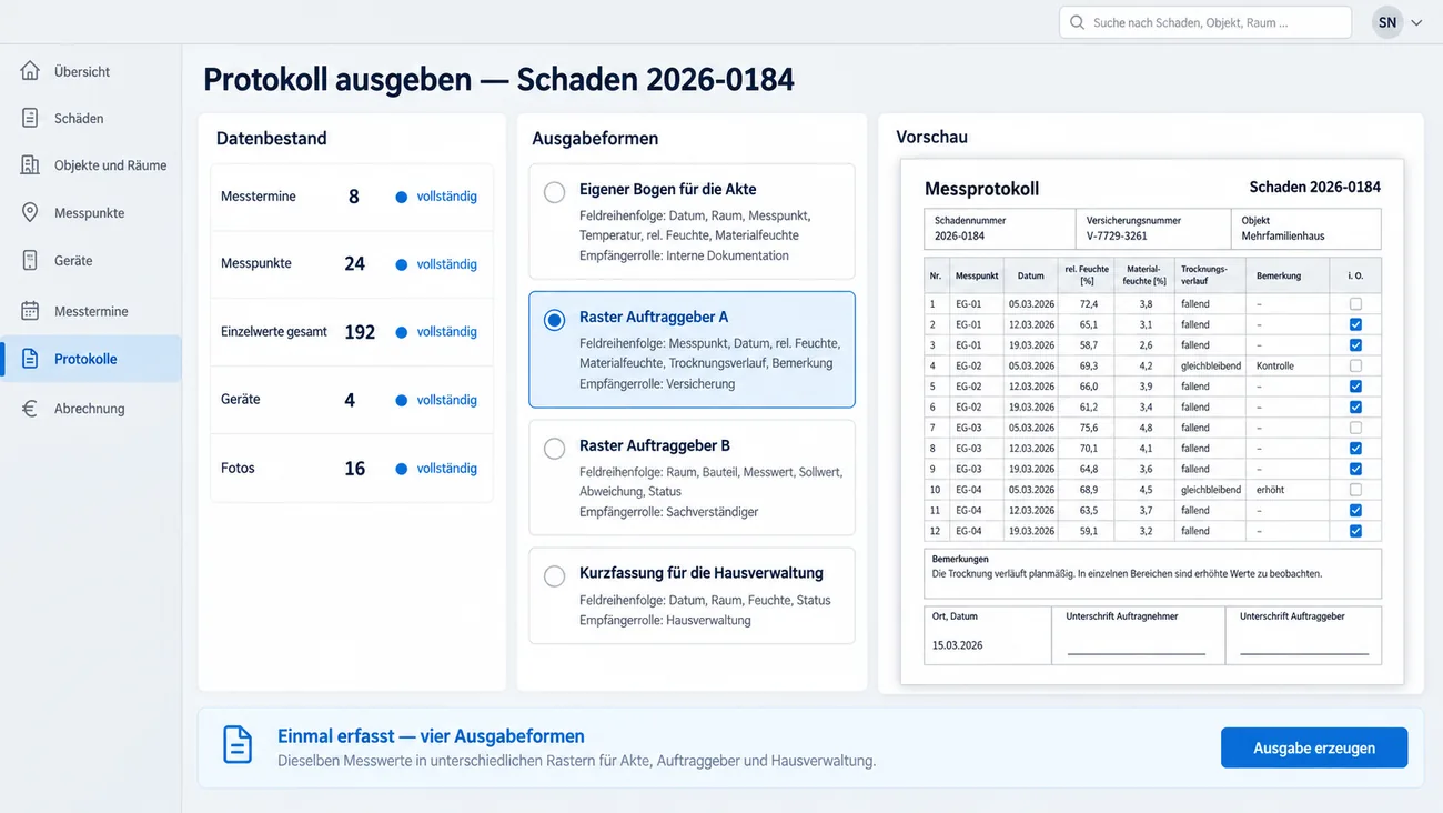 Maske: Protokollausgabe mit vollständigem Datenbestand, vier wählbaren Ausgabeformen vom eigenen Bogen bis zur Kurzfassung für die Hausverwaltung und der Vorschau derselben Messwerte im Raster eines Auftraggebers