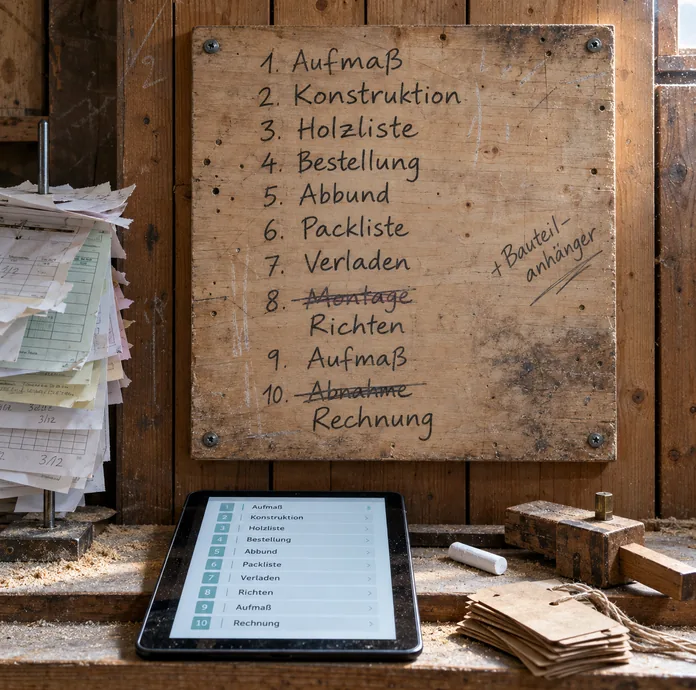 Holzplatte an der Hallenwand mit der handgeschriebenen Reihenfolge des Betriebs von Aufmaß bis Rechnung, zwei Schritte korrigiert, links ein Belegspieß mit Durchschlägen, darunter ein Tablet mit derselben Folge als Maske