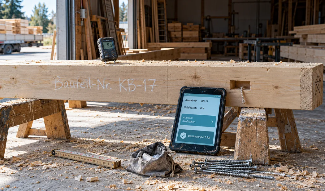 Abgebundener Kehlbalken mit der Kreideaufschrift KB-17 auf zwei Böcken in der Halle, darauf ein Holzfeuchtemessgerät mit acht Prozent, daneben ein Tablet mit derselben Bauteilnummer und demselben Messwert, davor Zollstock und Schrauben