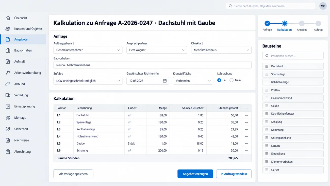 Maske: Kalkulation zu einer Anfrage mit Auftraggeberart, Zufahrt, Kranstellfläche und Lohnabbund, der Positionstabelle von Dachstuhl bis Schalung mit Stunden je Einheit, vorbereiteten Bausteinen und der Statuskette bis zum Auftrag