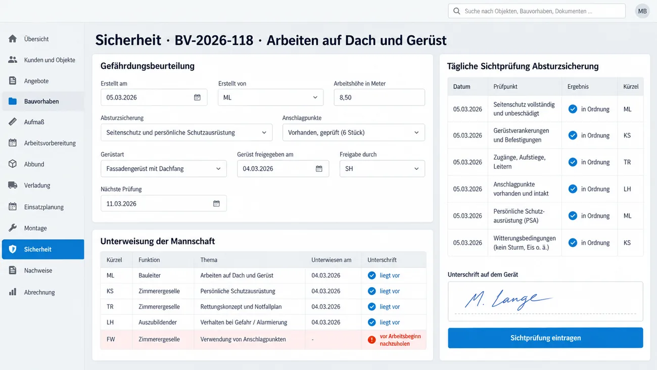 Maske: Sicherheit am Bauvorhaben mit Gefährdungsbeurteilung für Arbeiten auf Dach und Gerüst, Gerüstfreigabe, der Unterweisung der Mannschaft mit einem nachzuholenden Eintrag und der täglichen Sichtprüfung der Absturzsicherung mit Unterschrift auf dem Gerät