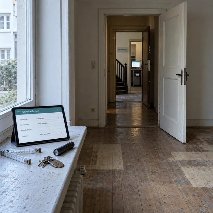 Blick durch eine leerstehende Wohnung: vorn auf der breiten Fensterbank ein Tablet mit der Maske Einheit erfassen neben Zollstock, Taschenlampe und Schlüsselbund, hinten über Flur und Treppenhaus hinweg die offene Tür der Verwaltung mit leuchtendem Monitor und Drucker