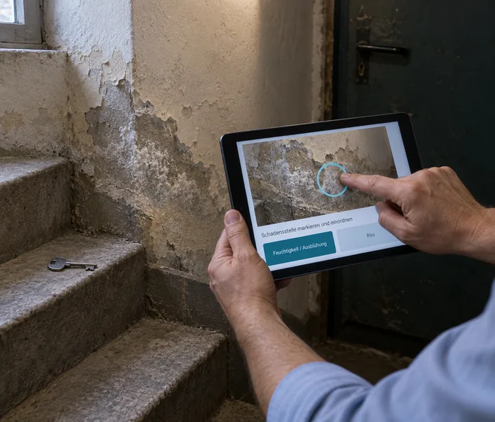 Kellerabgang bei der Begehung: Zwei Hände halten ein Tablet vor eine feuchte, abblätternde Treppenhauswand, auf dem Display dieselbe Stelle als Foto mit Markierungsring und den Auswahlflächen Feuchtigkeit / Ausblühung und Riss, auf der Stufe liegt ein Kellerschlüssel