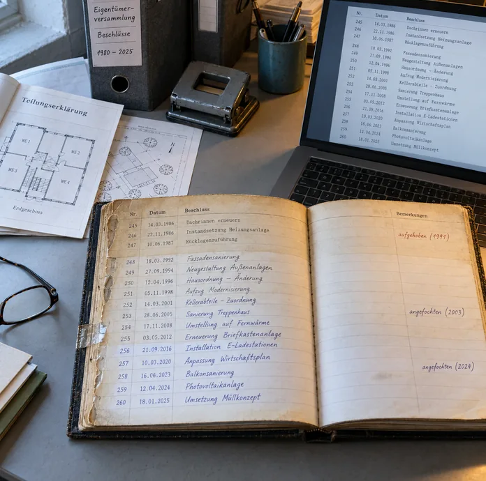 Ablagetisch einer Hausverwaltung: aufgeschlagenes Registerbuch der Beschluss-Sammlung mit fortlaufend nummerierten und datierten Beschlüssen, oben in Schreibmaschinenschrift, darunter von Hand fortgeführt, am Rand die Vermerke „aufgehoben“ und „angefochten“, rechts ein Notebook mit derselben Liste, links eine Teilungserklärung mit Aufteilungsplan, ein Ordner zur Eigentümerversammlung, ein Locher und eine Lesebrille