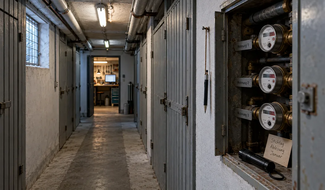 Kellergang einer Wohnanlage am Stichtag der Ablesung: rechts die geöffnete Zählernische mit drei Wasserzählern für Wohnung 1 bis 3, einem Kärtchen „Stichtag Ablesung Januar“, einer Taschenlampe und einem an einer Schnur hängenden Stift, dahinter graue Lattenverschläge und Rohrleitungen unter der Decke, am Ende des Gangs die erleuchtete Hausmeisterwerkstatt mit Werkbank und Bildschirm