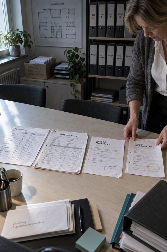 Besprechungstisch im Büro einer Hausverwaltung im Morgenlicht: nebeneinander ein Begehungsbogen mit Ankreuzfeldern und Fristspalte, ein geheftetes Übergabeprotokoll und zwei Anträge aus dem Mietalltag, eine Frau in Bluse und Strickjacke legt das vierte Blatt zurecht, dahinter Ordner je Haus, ein Aufteilungsplan an der Wand und ein Karton mit Einladungen zur Eigentümerversammlung
