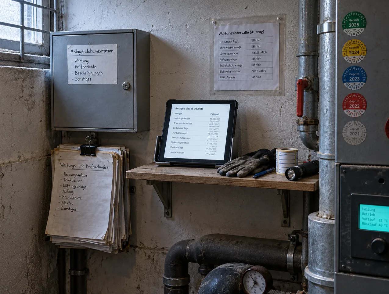 Technikraum einer Wohnanlage: an der Wand ein Stahlblechkasten „Anlagendokumentation“ und ein geklammerter Stapel Wartungs- und Prüfnachweise, auf einem Holzbord ein Tablet mit der Liste der Anlagen dieses Objekts samt Fälligkeiten, daneben Arbeitshandschuhe, Etikettenrolle und Stablampe, darüber ein Aushang mit Wartungsintervallen, rechts die Heizungsanlage mit Prüfplaketten mehrerer Jahre und leuchtender Regleranzeige
