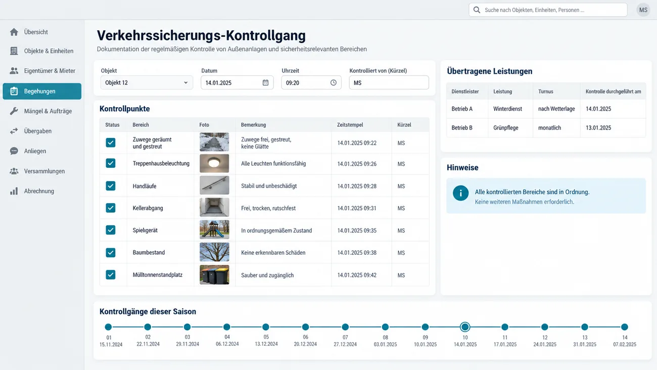 Maske: Verkehrssicherungs-Kontrollgang mit Objekt, Datum, Uhrzeit und Kürzel, den abgehakten Kontrollpunkten von geräumten Zuwegen über Treppenhausbeleuchtung, Handläufe, Kellerabgang, Spielgerät und Baumbestand bis zum Mülltonnenstandplatz mit Foto, Bemerkung und Zeitstempel, den übertragenen Leistungen Winterdienst und Grünpflege mit Kontrolldatum und der Zeitleiste der Kontrollgänge dieser Saison