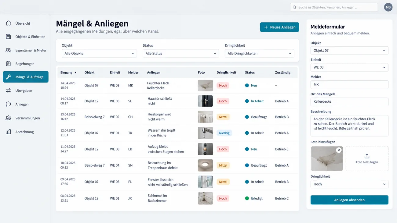 Maske: Eingangsliste Mängel und Anliegen mit Filtern nach Objekt, Status und Dringlichkeit, einer Tabelle mit Eingang, Objekt, Einheit, Melder, Anliegen, Foto, Dringlichkeit, Status und Zuständigem, daneben die Vorschau des Meldeformulars mit Objekt, Einheit, Melder, Ort des Mangels, Beschreibung, Foto und Dringlichkeit