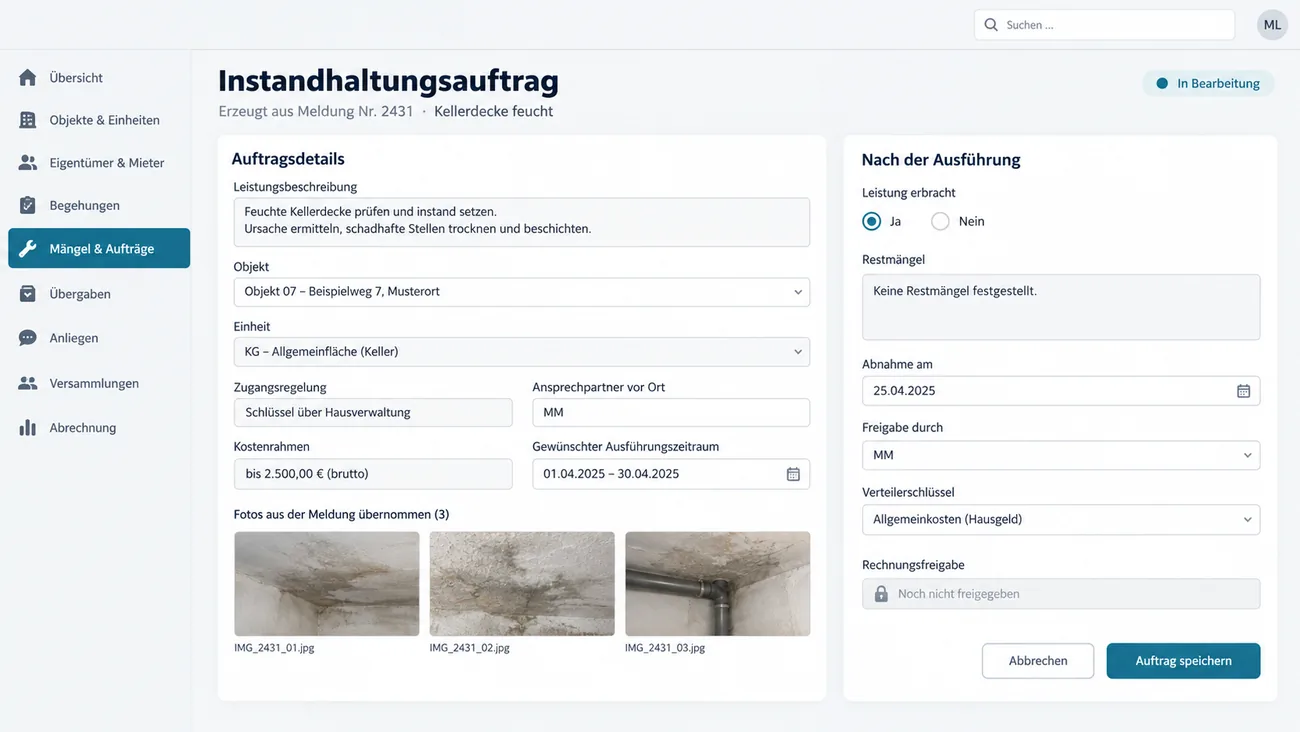 Maske: Instandhaltungsauftrag, erzeugt aus der Meldung einer feuchten Kellerdecke, mit Leistungsbeschreibung, Objekt, Einheit, Zugangsregelung, Ansprechpartner vor Ort, Kostenrahmen, Ausführungszeitraum und drei aus der Meldung übernommenen Fotos, daneben die Abnahme nach der Ausführung mit Leistung erbracht, Restmängeln, Abnahmedatum, Freigabe, Verteilerschlüssel und noch gesperrter Rechnungsfreigabe