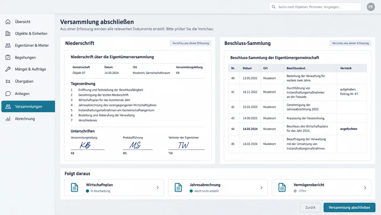 Maske: Versammlung abschließen mit den Vorschauen der Niederschrift samt Tagesordnung und drei Unterschriften und der Beschluss-Sammlung mit laufender Nummer, Datum, Ort, Beschlusstext und Vermerken wie angefochten oder aufgehoben, darunter die daraus folgenden Kacheln Wirtschaftsplan, Jahresabrechnung und Vermögensbericht mit Status