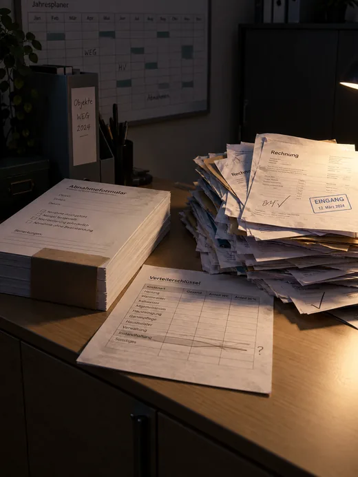 Sideboard im Büro einer Hausverwaltung am Abend, nur von einer Schreibtischleuchte beleuchtet: links ein unbenutzter Block Abnahmeformulare mit Papierbanderole, rechts ein hoher Stapel Handwerkerrechnungen mit Eingangsstempel und Abzeichnungshäkchen, davor eine Verteilerschlüssel-Tabelle mit angestrichener Zeile und Fragezeichen, im Hintergrund ein Stehsammler „Objekte WEG 2024“ und ein Jahresplaner