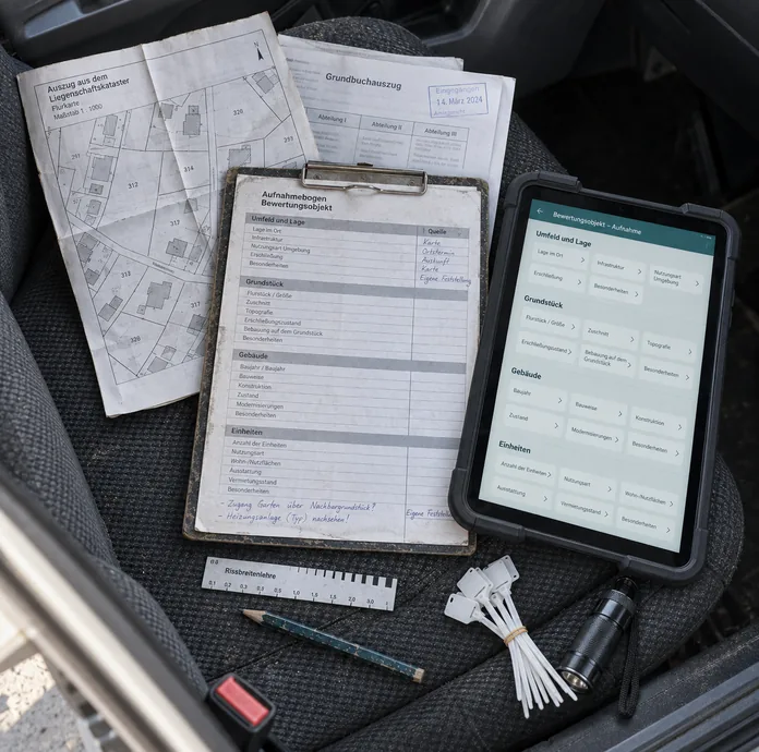 Beifahrersitz eines Autos vor dem Ortstermin: Auszug aus dem Liegenschaftskataster und Grundbuchauszug mit Eingangsstempel, darauf ein Klemmbrett mit dem kopierten Aufnahmebogen samt handschriftlich geführter Spalte Quelle, daneben ein Tablet im Gummirahmen mit derselben Gliederung von Umfeld und Lage über Grundstück und Gebäude bis zu den Einheiten, davor Rissbreitenlehre, Bleistift, Kabelbinder-Etiketten und Taschenlampe