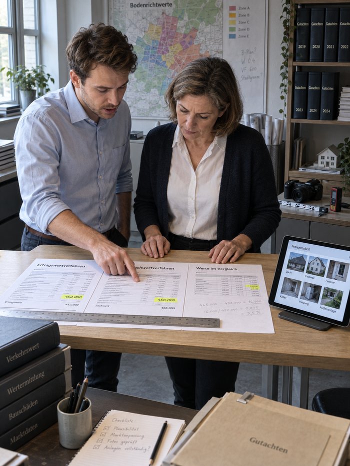 Sachverständigenbüro vor einer Bodenrichtwertkarte: ein jüngerer Kollege zeigt auf eine Zeile des Sachwertverfahrens, eine Sachverständige im Strickjackett liest mit, vor beiden Ertragswert, Sachwert und ein Wertevergleich mit markierten Beträgen und handschriftlicher Abweichungsrechnung, rechts ein Tablet mit dem Fotoprotokoll, im Regal gebundene Gutachtenbände nach Jahrgang