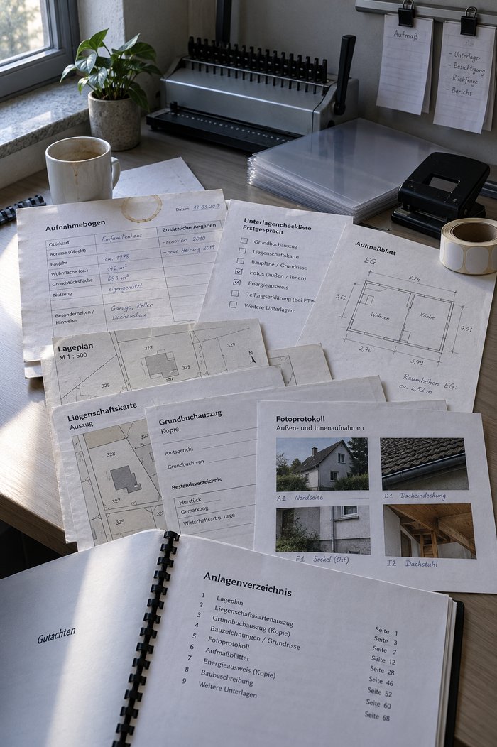 Arbeitsplatte im Sachverständigenbüro mit den Unterlagen eines Auftrags: aufgeschlagener Gutachtenband mit Anlagenverzeichnis, darüber Lageplan, Liegenschaftskarte, Grundbuchauszug und Fotoprotokoll mit Bauteilkürzeln, obenauf Aufnahmebogen mit Kaffeerand, Unterlagencheckliste und Aufmaßblatt mit Grundrissskizze, im Hintergrund Bindegerät, Locher und eine Klemmleiste mit Notizzetteln